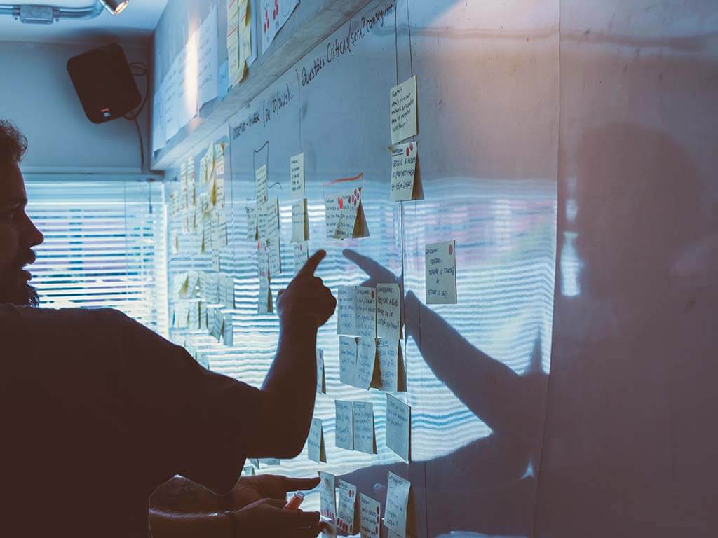 People working at white board